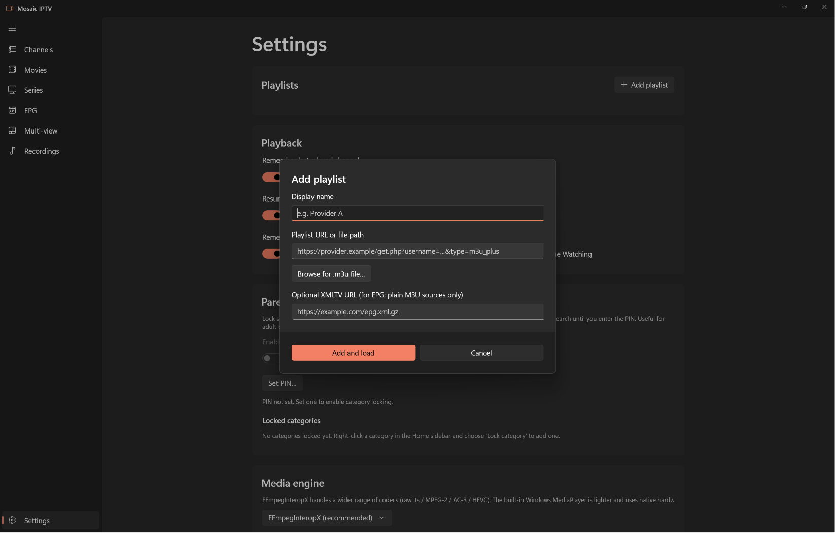 Mosaic IPTV Settings with the Add Playlist dialog open, showing fields for a playlist URL or .m3u file and an optional XMLTV guide URL