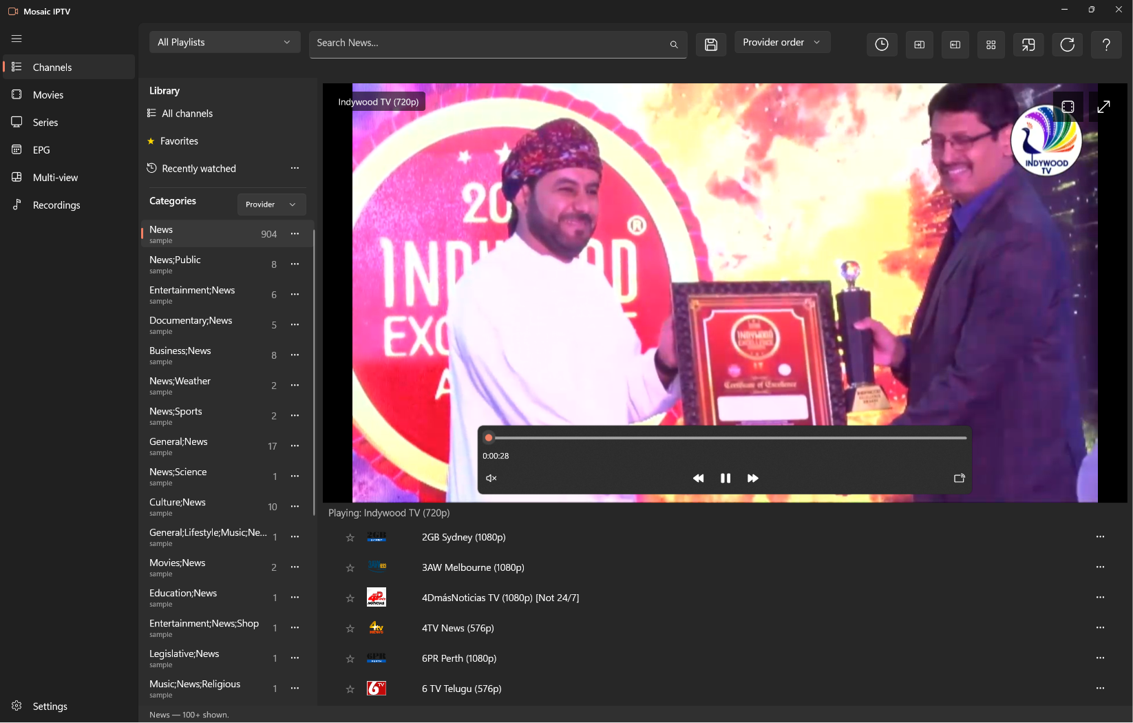 Mosaic IPTV playing a live channel on Windows, with the provider's News categories and channel counts kept intact in the sidebar