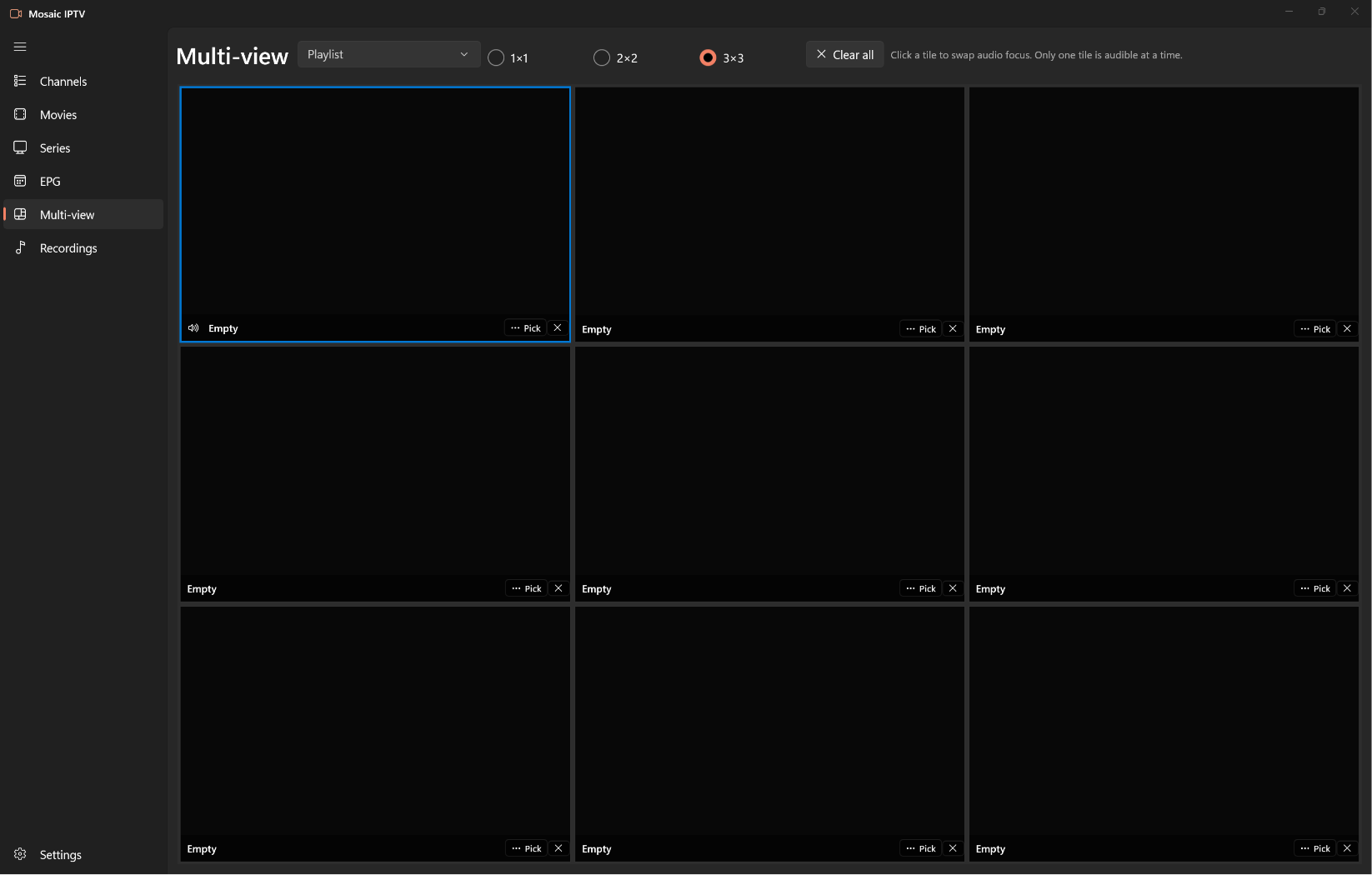 Mosaic IPTV multi-view showing a 3 by 3 grid of nine channel tiles