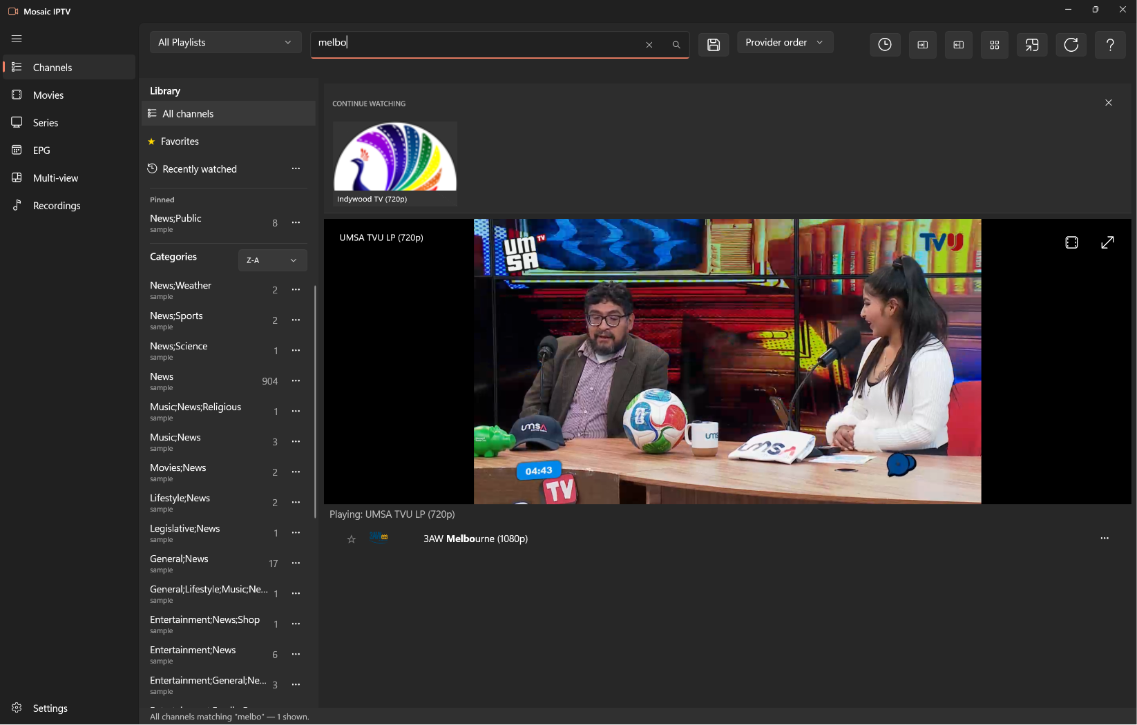 Mosaic IPTV channel search with a Continue Watching strip and a live channel playing